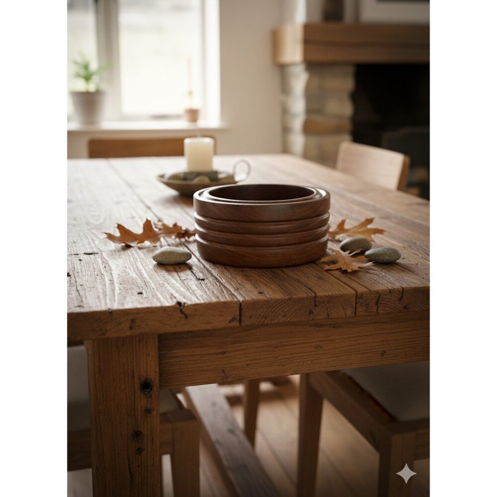 Teak Wood Bowl Brown Ribbed Round Decorative Dish Large Centerpiece Rustic Earth